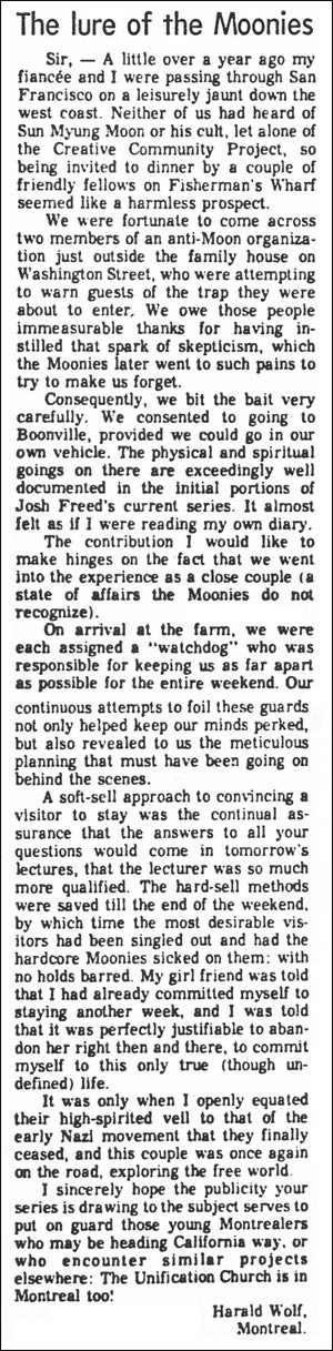 Montreal Star January 6, 1978 Satans servant cures Moonie